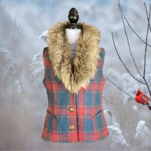 Joe Browns Multicolored Plaid Tartan Faux Fur Collar Button Front Vest, Size 10